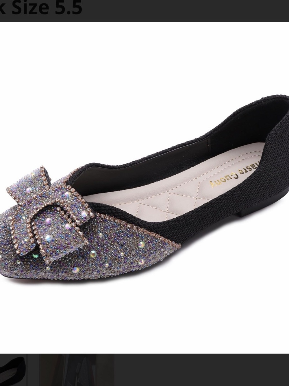Embellished Pointed Toe Bow Flats - Black
